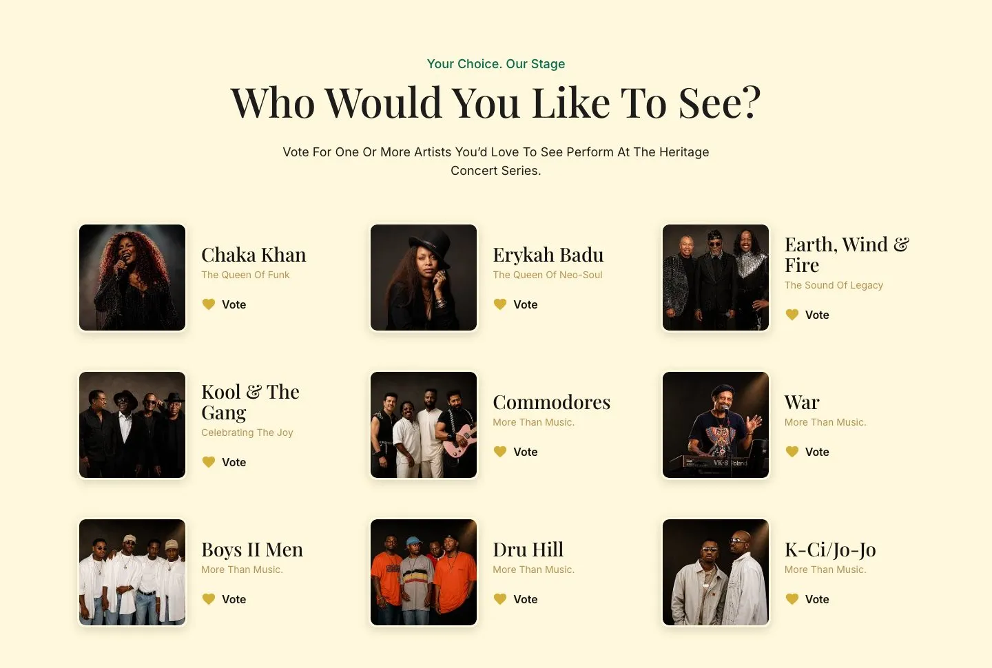 Sección "Who Would You Like To See?" con nueve artistas y un botón de voto en cada uno