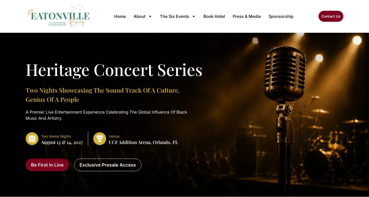 Cabecera de la página Heritage Concert Series: fondo oscuro con un micrófono, fechas, lugar y dos botones