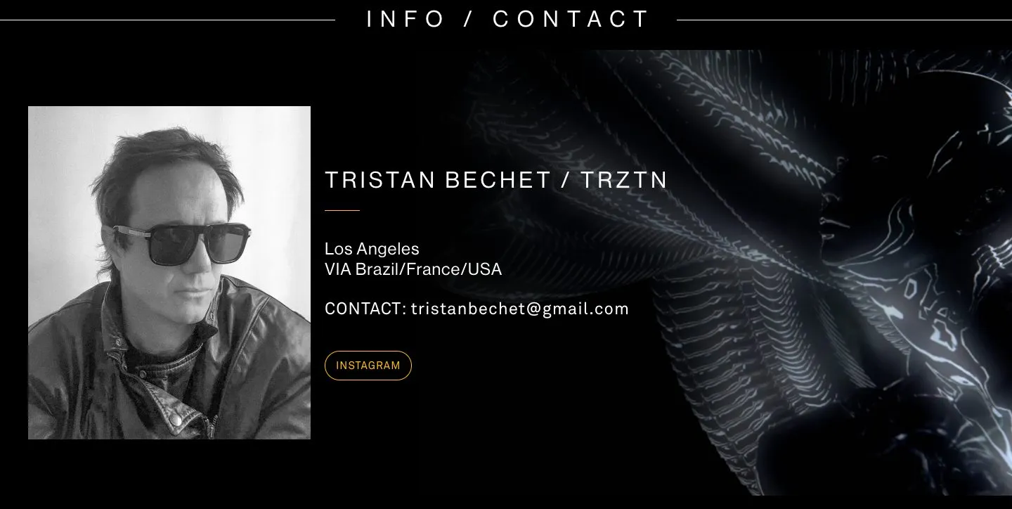 Sección Info / Contact con el retrato de Tristan Bechet, su ciudad y su email