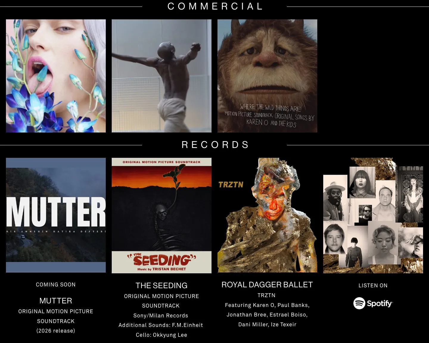 Secciones Commercial y Records: miniaturas de campañas y portadas de discos con sus créditos