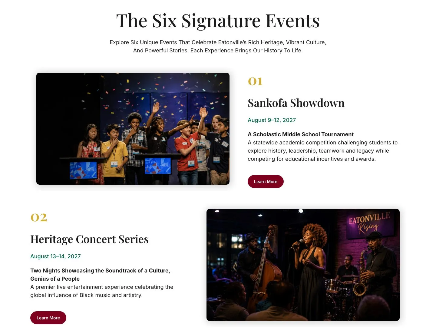Sección "The Six Signature Events" de la portada, con fotografía, fecha y descripción de cada evento