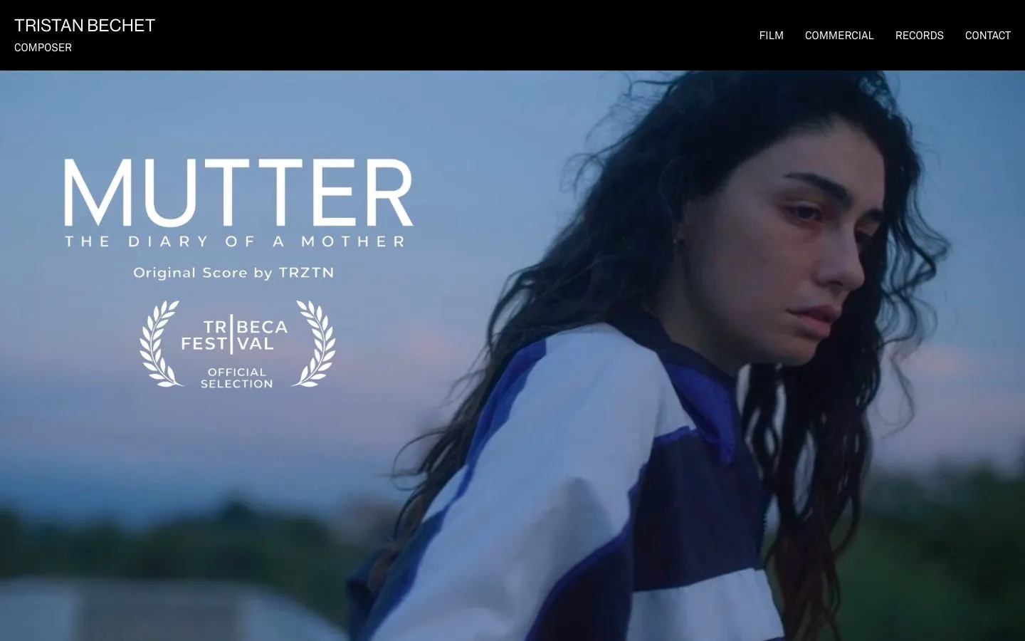 La nueva portada de Tristan Bechet: menú con Film, Commercial, Records y Contact sobre un vídeo de la película Mutter