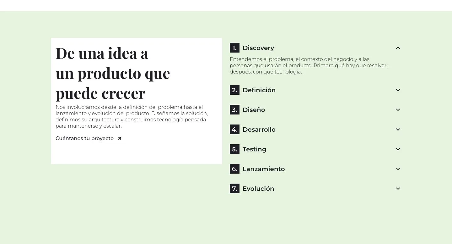 Sección «De una idea a un producto que puede crecer» con las siete fases del proceso: discovery, definición, diseño, desarrollo, testing, lanzamiento y evolución