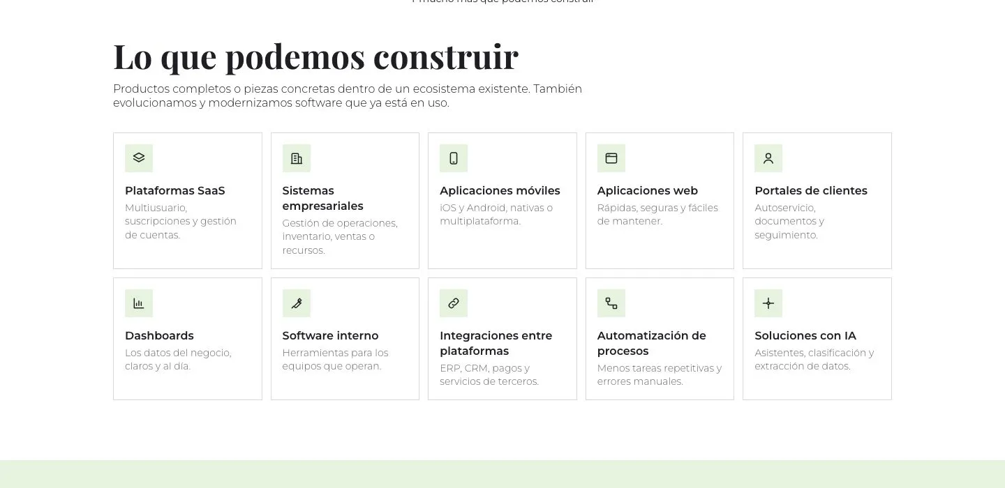 Sección «Lo que podemos construir» con diez tarjetas: plataformas SaaS, sistemas empresariales, aplicaciones móviles y web, portales de clientes, dashboards, software interno, integraciones, automatización y soluciones con IA