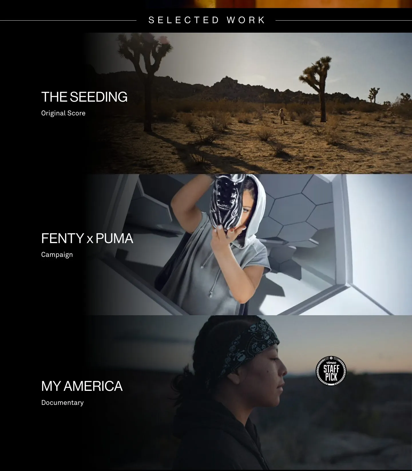 Sección Selected Work con The Seeding, Fenty x Puma y My America, cada uno sobre su vídeo